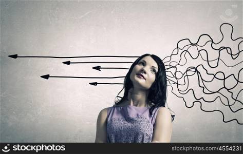 These thoughts in my head. Pretty young woman making decision with arrows coming out of her head