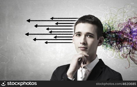 These thoughts in my head. Thoughtful businessman with arrows and thoughts coming out of his head