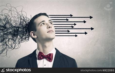 These thoughts in my head. Thoughtful businessman with arrows and thoughts coming out of his head