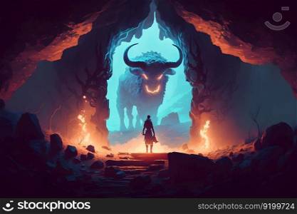 Theseus found the creature minotaur in cave labyrinth greek mythology tale. Neural network AI generated art. Theseus found the creature minotaur in cave labyrinth greek mythology tale. Neural network generated art