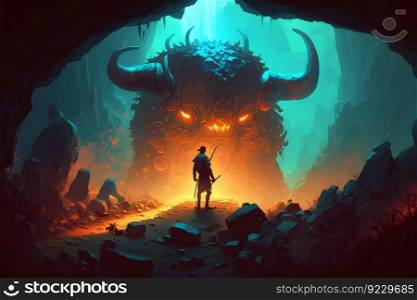 Theseus found the creature minotaur in cave labyrinth greek mythology tale. Neural network AI generated art. Theseus found the creature minotaur in cave labyrinth greek mythology tale. Neural network generated art
