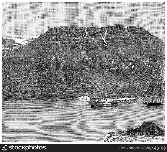 Thetis and bear passing the island of Disko. Death of sailor Ellisen, vintage engraved illustration. Journal des Voyage, Travel Journal, (1880-81).
