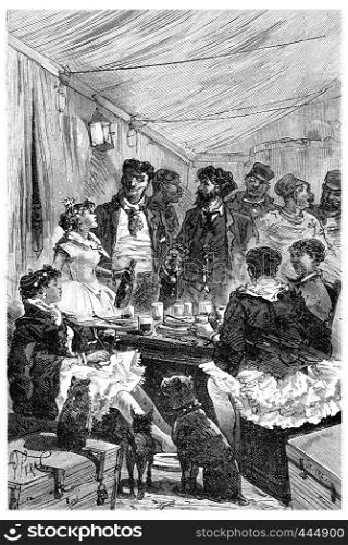 They were seated around a table with women in pink tights and tutus, vintage engraved illustration. Journal des Voyage, Travel Journal, (1880-81).