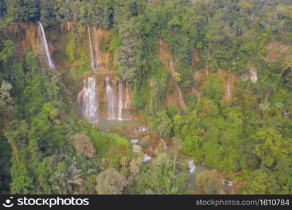 Thi Lor Su Waterfall. Nature landscape of Tak in natural park. The largest and highest waterfall in Thailand in travel trip on holiday and vacation, tourist attraction. Umphang 