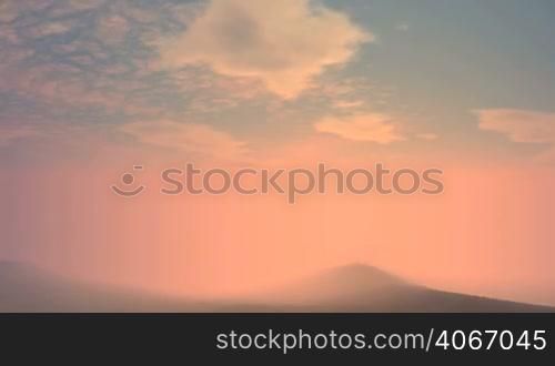 Thick pink glowing mist-shrouded mountains and hills. From it rises slowly bright white sun. The fog dissipated. In the clear blue sky shines bright sun, white clouds slowly float.