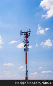 Thick red and white metal communications antenna tower against blue sky.