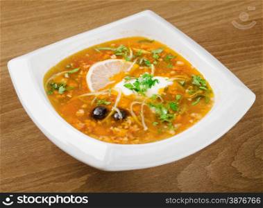 thick russian, soup of vegetables and meat - solanka.close up