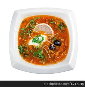 thick soup of vegetables and meat - solanka.close up . isolated on white background. clipping Path