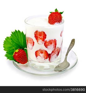 Thick yogurt with strawberries in a glass with a spoon on the saucer isolated on white background