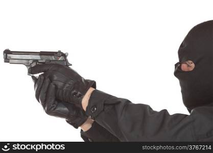 Thief holding a gun on white background