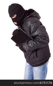 Thief holding a laptop, isolated over white background