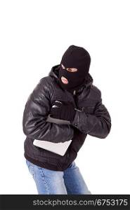 Thief holding a laptop, isolated over white background