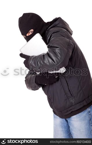 Thief holding a white laptop