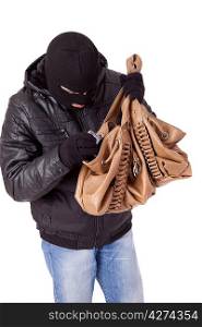 Thief, stealing a purse, isolated over white