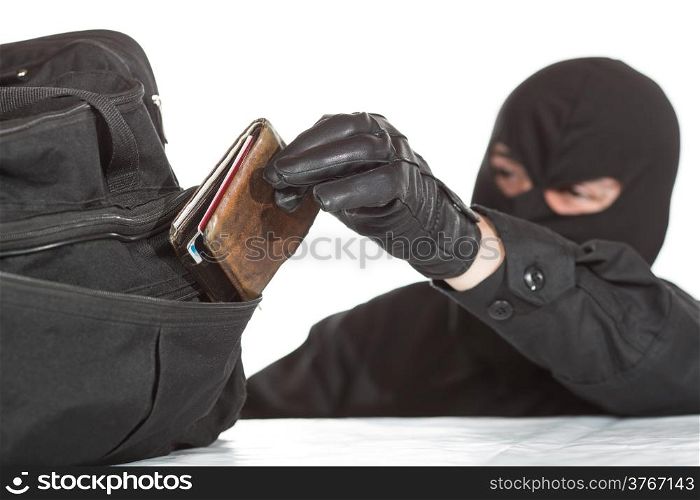 Thief stealing a wallet and a bag on a white background