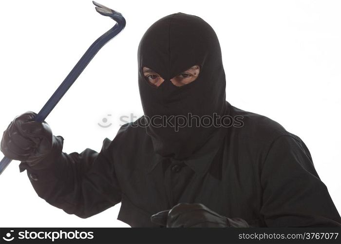 Thief with a crowbar in hand and white background