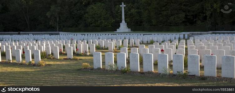 Thiepvval. France, 21 july 2020: rows of grave stones on Connaught Cemetery near Albert in France