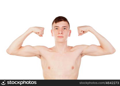 thin and wiry guy with naked torso isolated on a white background