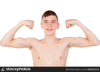 thin and wiry guy with naked torso isolated on a white background