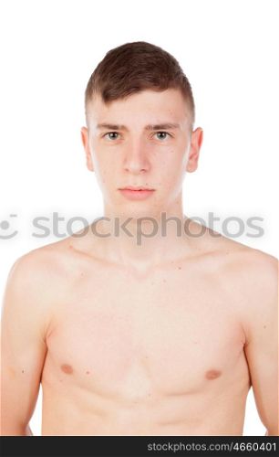 thin and wiry guy with naked torso isolated on a white background