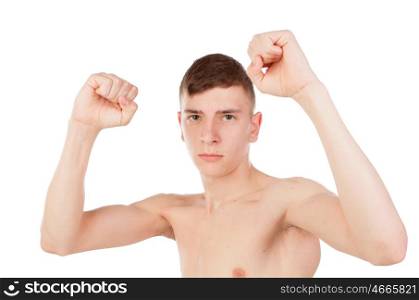 thin and wiry guy with naked torso isolated on a white background