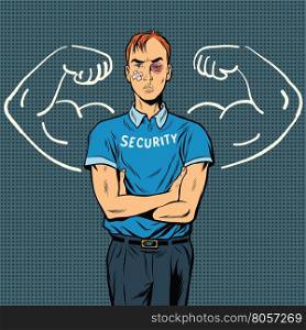 thin beaten the security guard dreams of power, pop art retro vector illustration. Security Agency