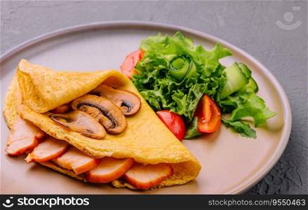 Thin delicious pancake with ham and mushrooms