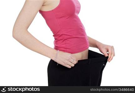 Thin girl after following a diet on a over white background