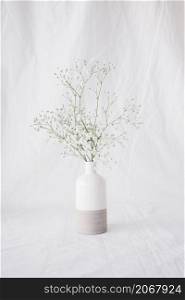 thin green plant branches with flowers vase