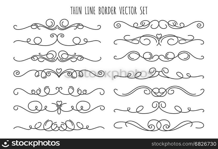 Thin line decoration dividers set. Thin line decoration dividers isolated on white background. Handdrawn swirling flourish linear divider vector set