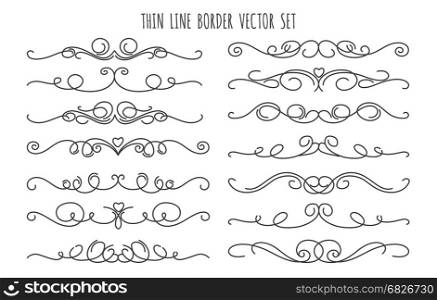 Thin line decoration dividers set. Thin line decoration dividers isolated on white background. Handdrawn swirling flourish linear divider vector set