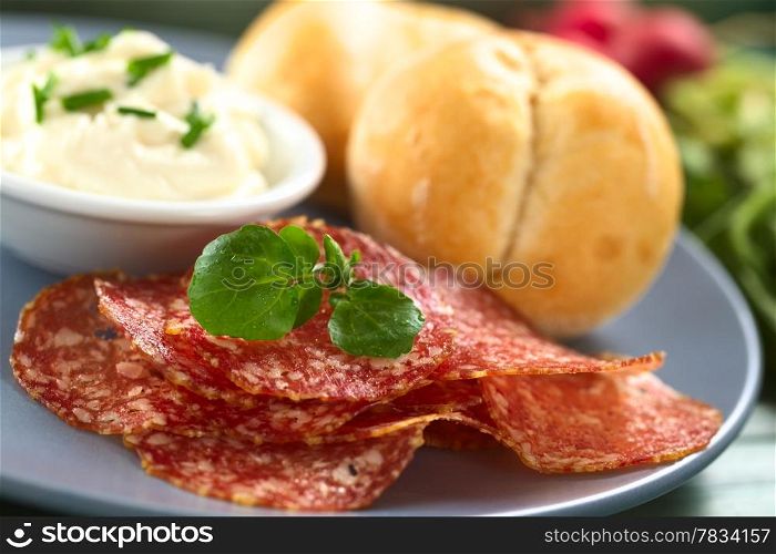 Thin salami slices garnished with watercress leaf with cream cheese and buns on plate with radish in the back (Selective Focus, Focus on the front of the watercress leaves). Salami Slices
