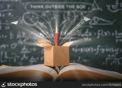 think outside the box on school green blackboard . startup education concept. creative idea. leadership.