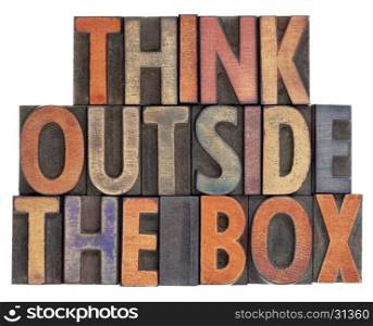 think outside the box phrase - isolated word abstract in vintage wooden letterpress type, stained by ink