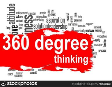 Thinking 360 Degree word cloud with red banner image with hi-res rendered artwork that could be used for any graphic design.. Decision word cloud with yellow banner