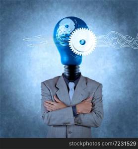 Thinking about structuring virtual diagram of business process with solutions. businessman with lamp-head 3d metal brain as concept