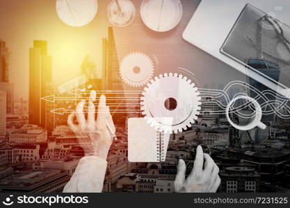 Thinking about structuring virtual diagram of business process with solutions. justice and law concept.businessman or lawyer or accountant working on accounts using a calculator and laptop computer.