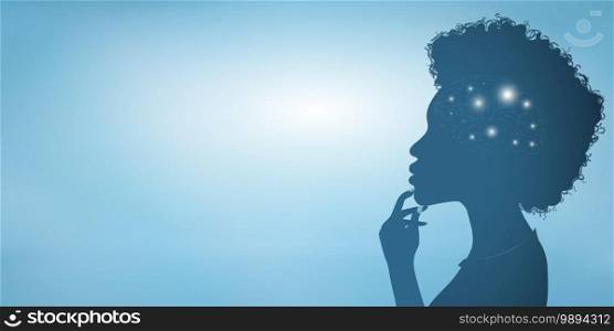 Thinking African American woman silhouette with glowing brain symbol and finger on chin. Concept of intelligence development strategy and solution of a thought. Blue banner copy space
