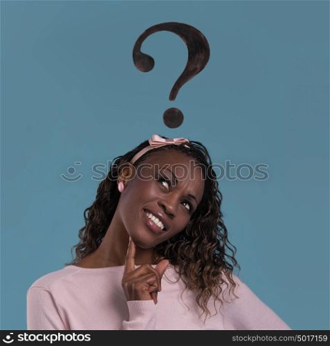 Thinking african woman with question mark on blue background
