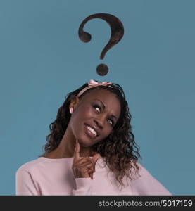 Thinking african woman with question mark on blue background