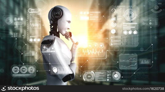 Thinking AI humanoid robot analyzing hologram screen showing concept big data analytic using artificial intelligence by machine learning process. 3D illustration.. Thinking AI humanoid robot analyzing hologram screen showing concept big data