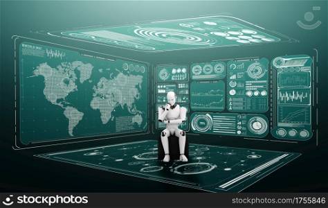 Thinking AI humanoid robot analyzing hologram screen showing concept big data analytic using artificial intelligence by machine learning process. 3D illustration.. Thinking AI humanoid robot analyzing hologram screen showing concept big data