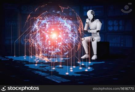 Thinking AI humanoid robot analyzing hologram screen shows concept of network global communication using artificial intelligence by machine learning process. 3D illustration computer graphic.