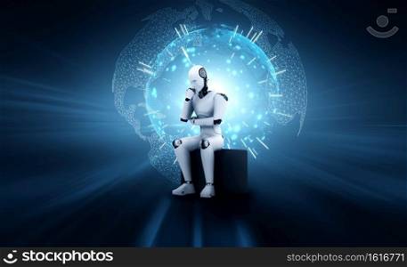 Thinking AI humanoid robot analyzing hologram screen shows concept of network global communication using artificial intelligence by machine learning process. 3D illustration computer graphic.