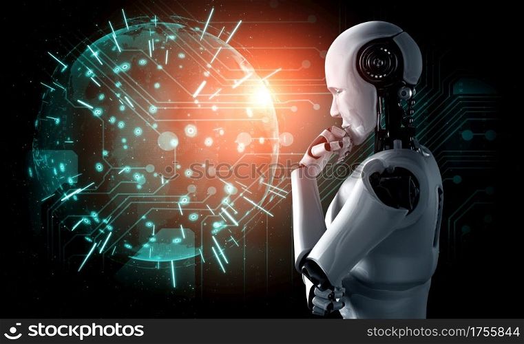 Thinking AI humanoid robot analyzing hologram screen shows concept of network global communication using artificial intelligence by machine learning process. 3D illustration computer graphic.. Thinking AI humanoid robot analyzing hologram screen shows concept of network