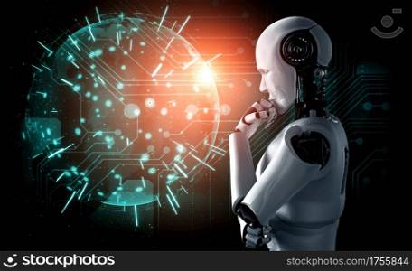 Thinking AI humanoid robot analyzing hologram screen shows concept of network global communication using artificial intelligence by machine learning process. 3D illustration computer graphic.. Thinking AI humanoid robot analyzing hologram screen shows concept of network