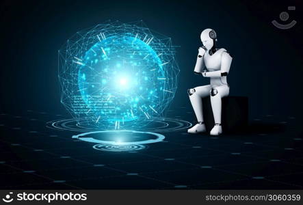 Thinking AI humanoid robot analyzing hologram screen shows concept of network global communication using artificial intelligence by machine learning process. 3D illustration computer graphic.