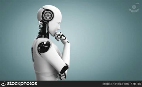 Thinking AI humanoid robot analyzing information data in concept of artificial intelligence by machine learning process for 4th fourth industrial revolution . 3D illustration.
