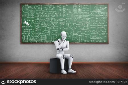 Thinking AI humanoid robot analyzing screen of mathematics formula and science equation by using artificial intelligence and machine learning process for the 4th industrial revolution. 3D illustration