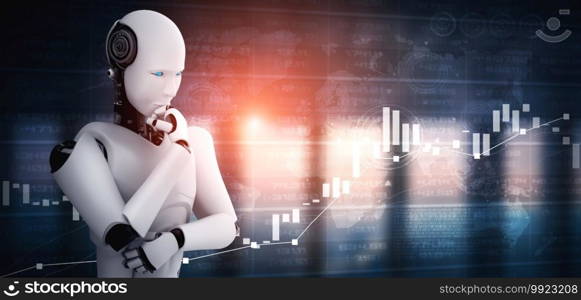 Thinking AI humanoid robot analyzing stock market exchange trading by using artificial intelligence and machine learning process for the 4th industrial revolution. 3D illustration.. Thinking AI humanoid robot analyzing stock market exchange trading